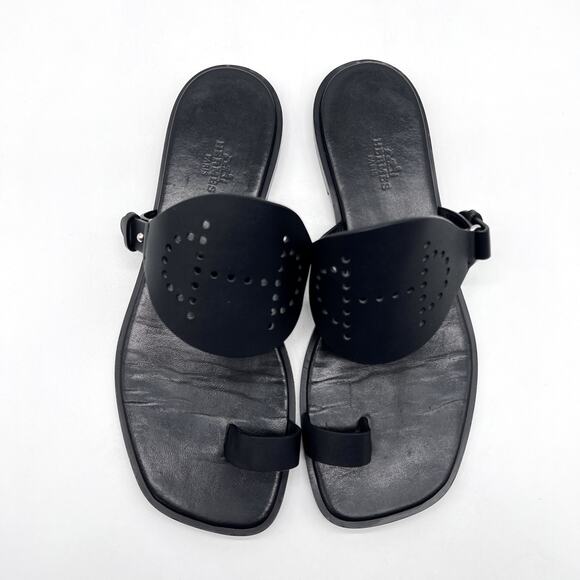 HERMES Hera Sandal Womens 39 8.5 Black Leather Cut Out H Toe Loop Flat Slide - Picture 5 of 16